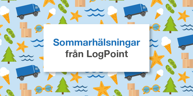 Grafisk bild med mönster av olika symboler: glassar, granar, lastbilar, sandaler, sjöstjärnor, vågor, solglasögon. Text i bild: "Sommarhälsningar från LogPoint".