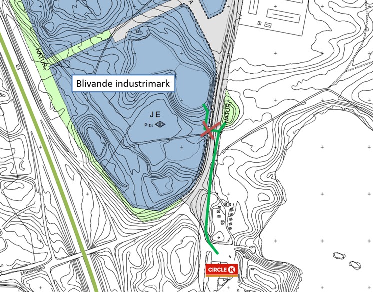 Kart-skiss över delar av kommande industriområdet på Moliden. I kartan är circle K-macken markerad samt det området av Lovsjövägen som berörs. 